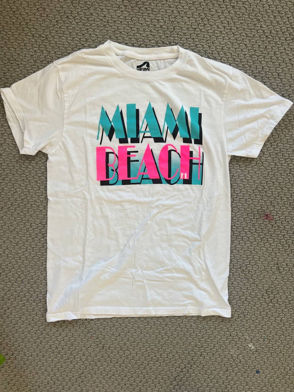 surf style White Cotton T-Shirt, Teal & Pink Miami Beach Graphic, size medium